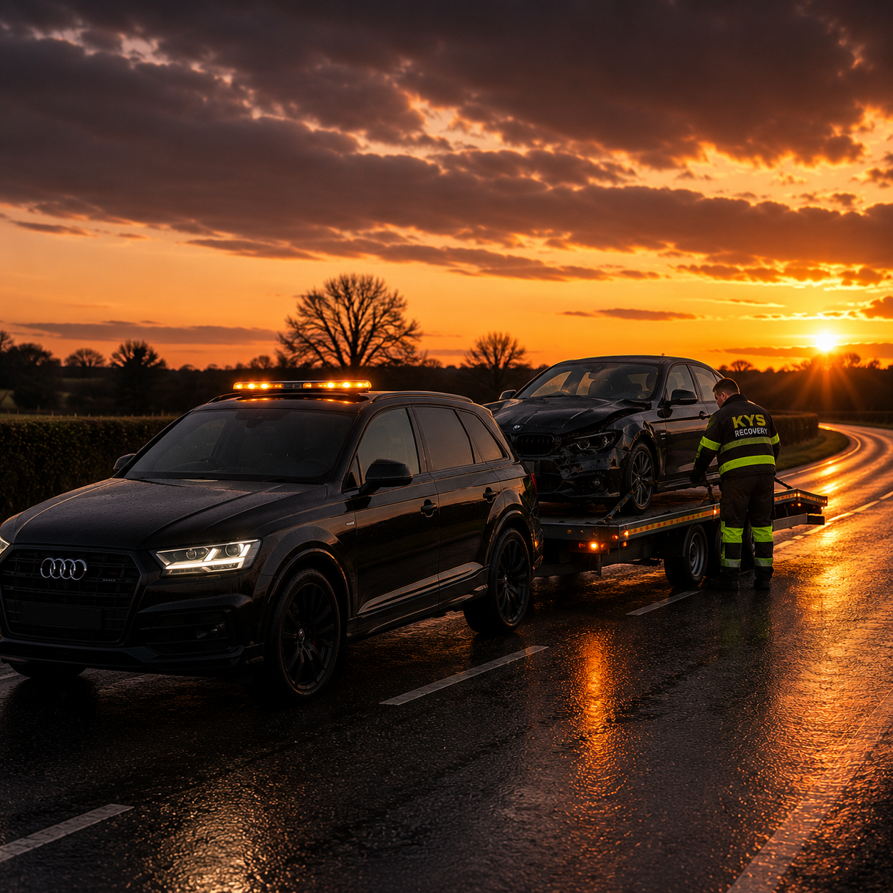A black Audi station wagon and a damaged black BMW sedan on a flatbed tow truck on a wet road at sunset. A person in a reflective safety jacket marked 'KYS Recovery' is securing the car. The sky is orange with clouds, and the road reflects the sunset.