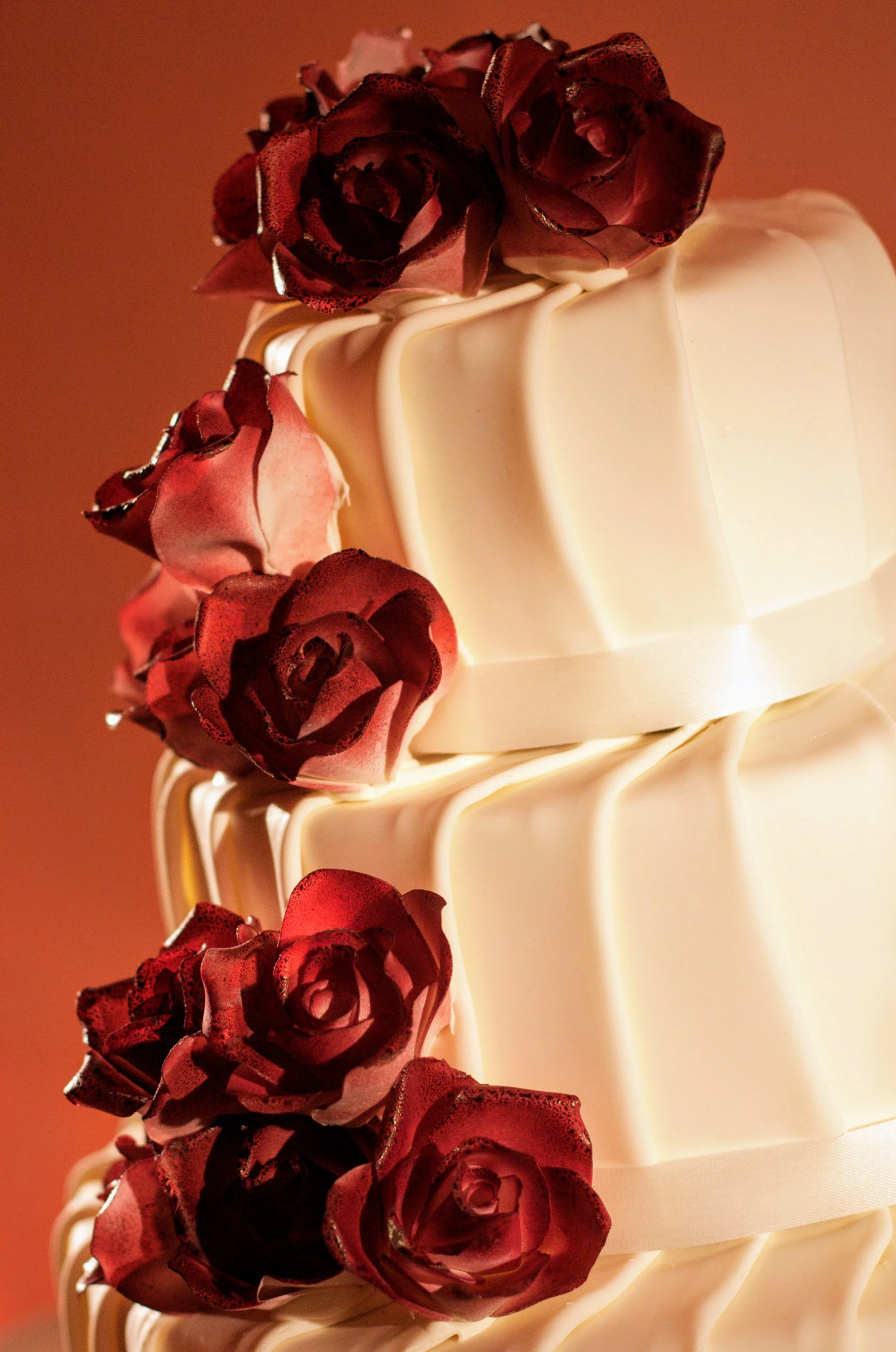 A white tiered cake decorated with dark red roses on top and around the sides.