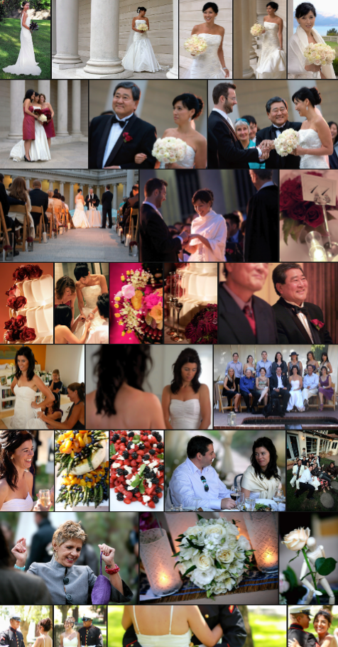 A collage of wedding photos featuring brides, grooms, wedding parties, guests, and wedding decorations, including flowers, bouquets, and ceremonies.
