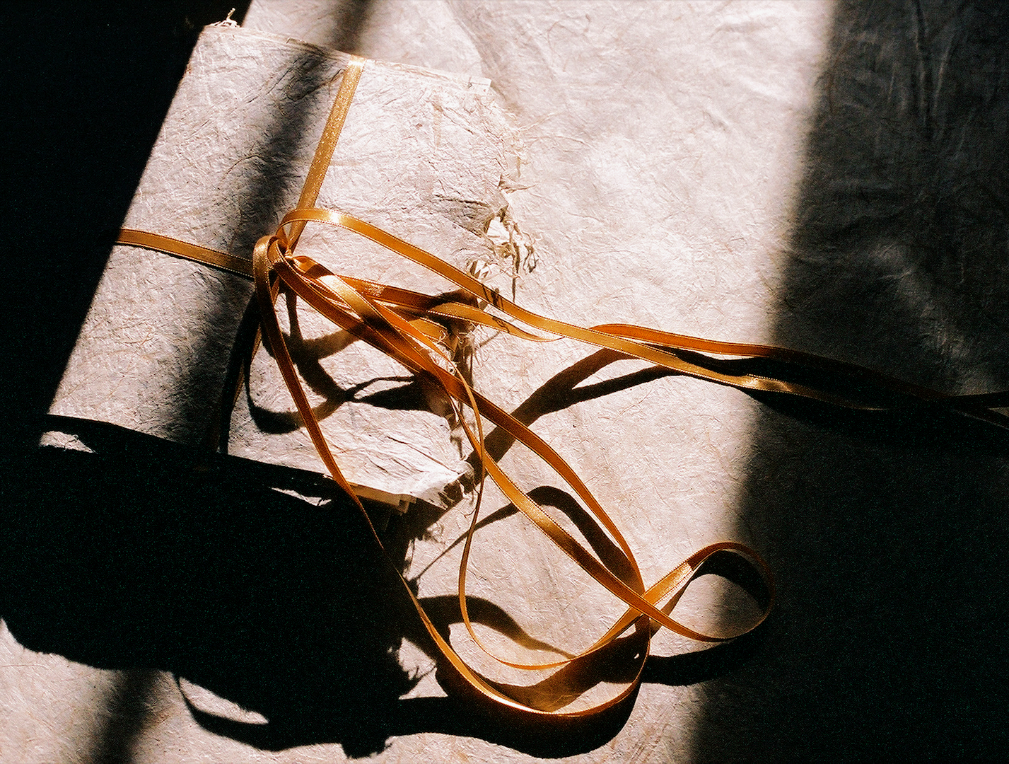 Wrapped gift with textured paper, tied with gold ribbons, casting shadows on surface.