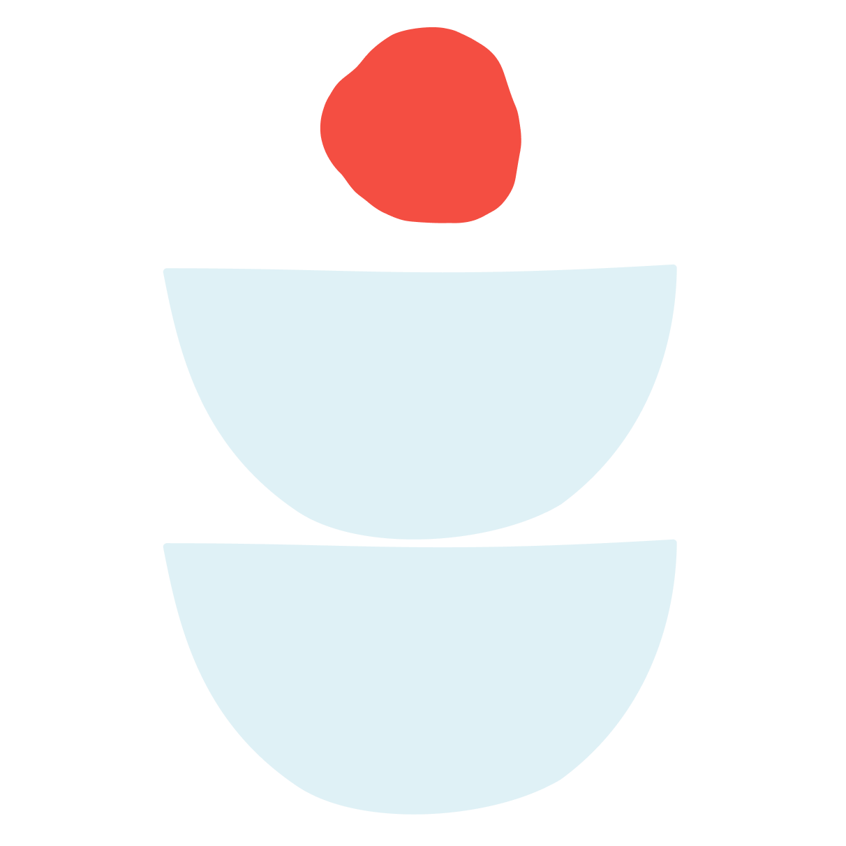 Minimalist illustration of a human face with closed eyes, red lips, and a red bun hairstyle, using simple shapes and colors.
