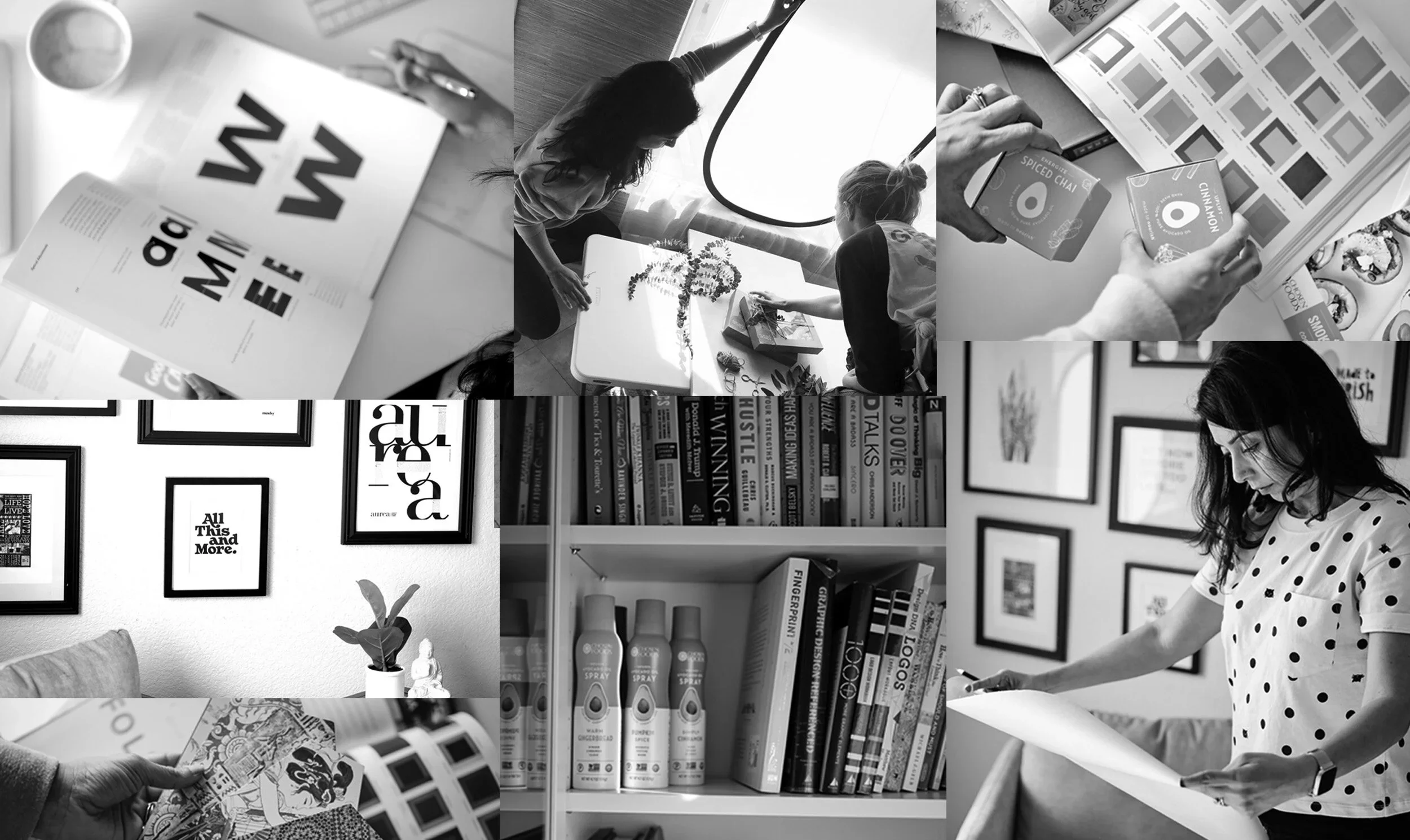 Behind-the-scenes collage of Asha's brand strategy and design work at Mindsy Design.