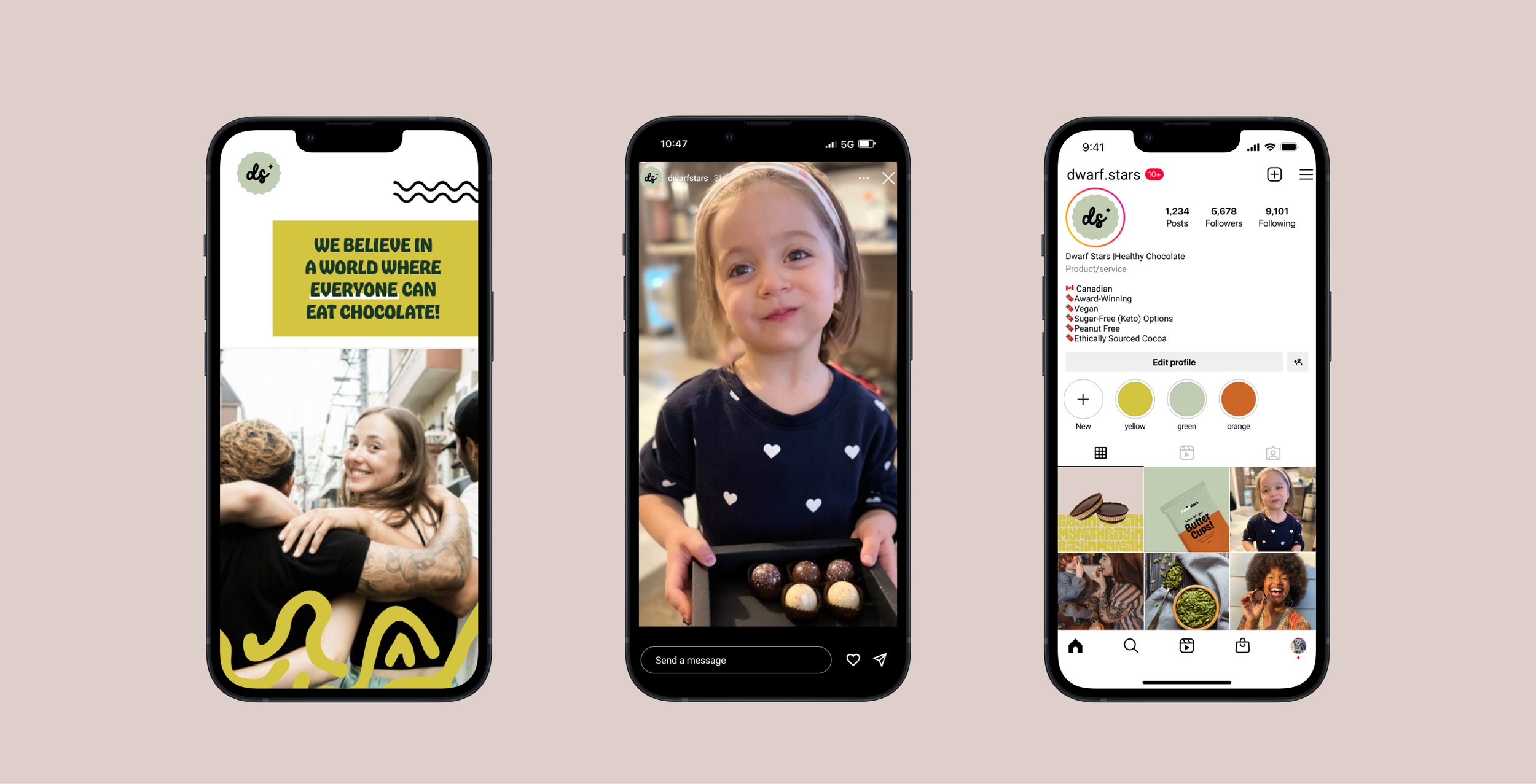 Dwarf Stars Chocolate social media mockup for vegan chocolate brand identity.