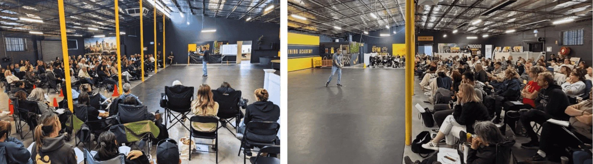 Michael Ellis teaching a dog training seminar to a large audience during a presentation on behavior modification and training principles.