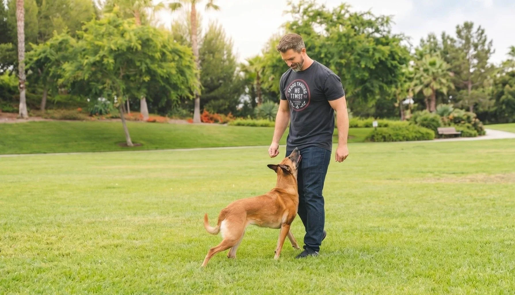 Professional dog trainer Nate Schoemer demonstrating engagement and communication training with a dog.
