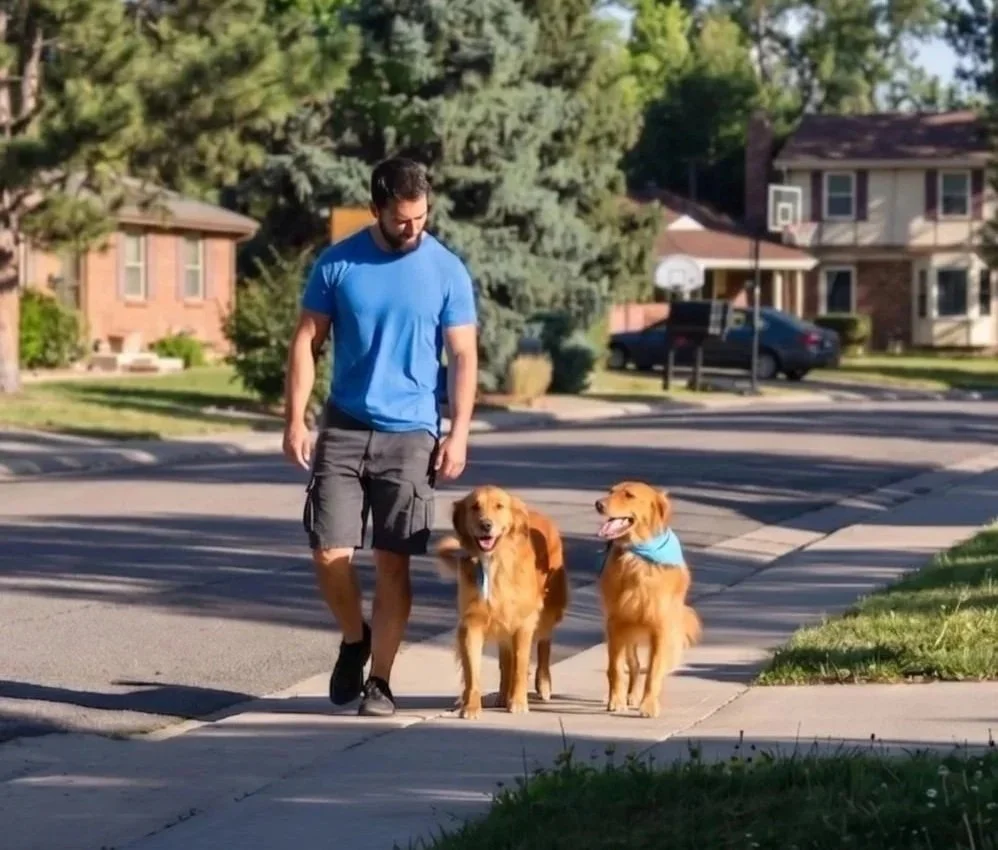 Professional dog trainer Nate Schoemer practicing off-leash obedience with two Golden Retrievers in a stay and train program.