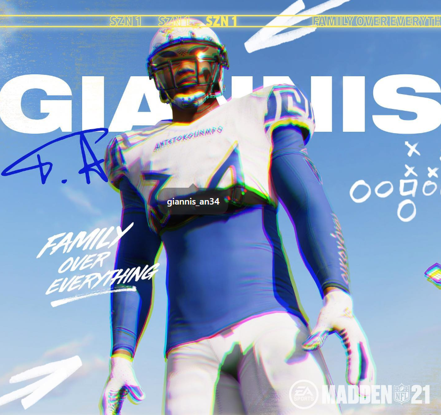 Digital image of a football player in a blue and white uniform with a helmet, standing against a blue sky. Text overlays include "FAMILY OVER EVERYTHING," "giannis_an34," and promotional content for Madden NFL 21.