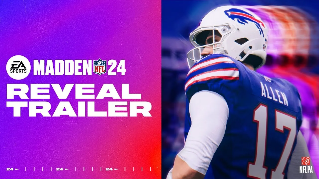 A promotional graphic for Madden NFL 24 featuring a football player wearing a white helmet and blue jersey with red and white stripes, with the name Allen and the number 17 on the back. The background is a blurred football stadium with colorful lighting.