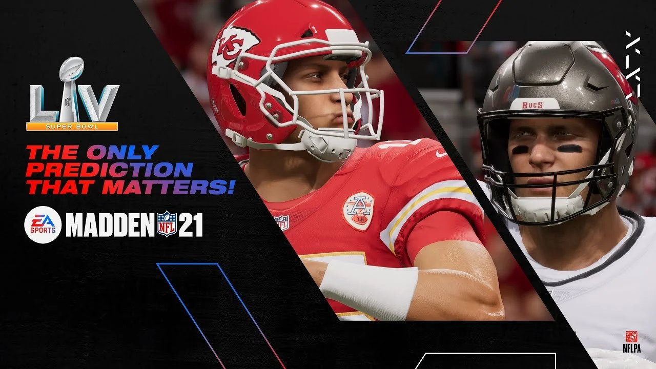 Promotional graphic for Madden NFL 21 featuring two football players, one in a Kansas City Chiefs uniform and the other in a Tampa Bay Buccaneers uniform, with the text "The Only Prediction That Matters!" and logos for EA Sports, NFL, and Madden NFL 21.