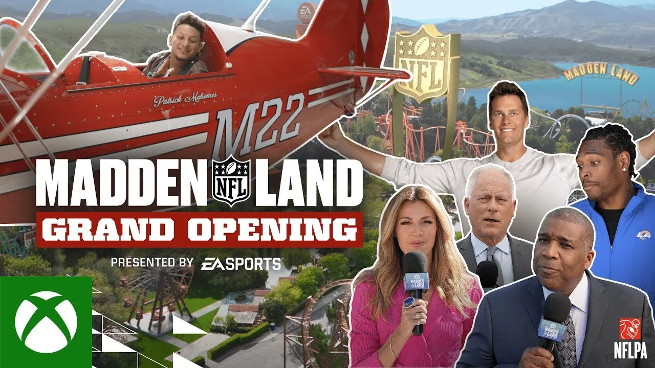 Promotional graphic for Madden NFL Land grand opening event on Xbox, featuring a roller coaster and a small airplane with Patrick Mahomes flying, with hosts and staff holding microphones in the foreground.