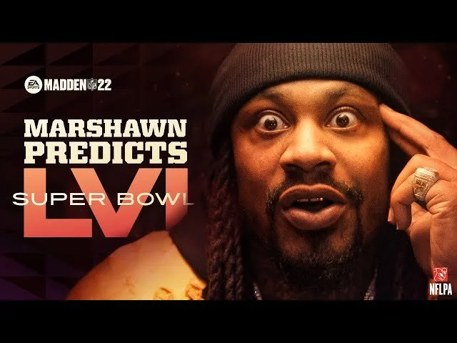 Graphic promoting Madden NFL 22 featuring Marshawn Lynch predicting the Super Bowl LV, with a close-up of Lynch making a gesture and wearing a beanie.