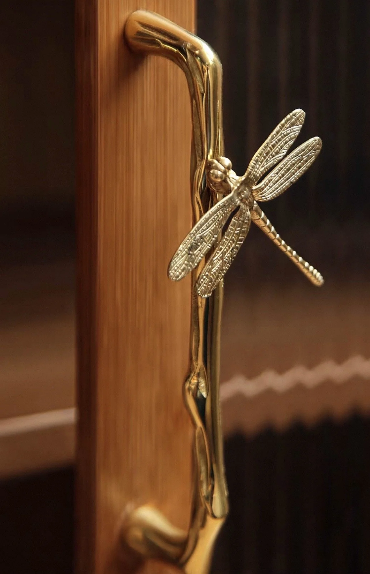 Installed dragonfly brass cabinet handle on a luxury custom closet door by A2Z Custom Closets.