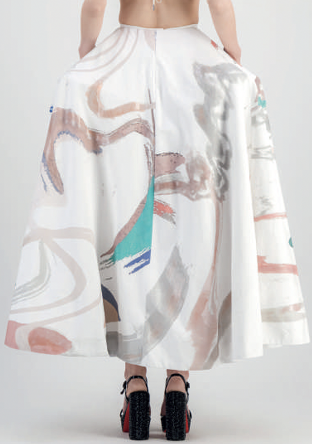 La Jupe Tête Brodée - Valette Studios, Bowie Skirt
Blue Colorway, side view.
There are pieces that exist outside of trend,The Bowie skirt is one of them.