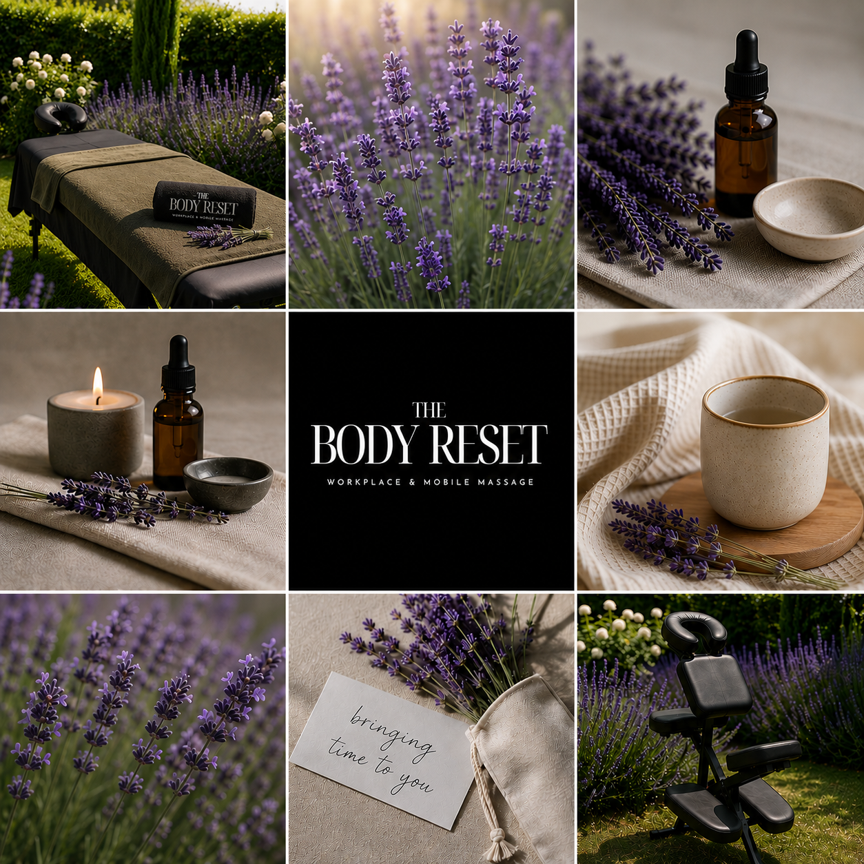Collage of images related to lavender and body reset: outdoor massage table with lavender decoration, close-up of lavender flowers, essential oil bottle and lavender, lit candle with lavender, a cup of tea with lavender, a note that says 'bringing time to you' with lavender, massage chair among lavender, and the logo for The Body Reset"