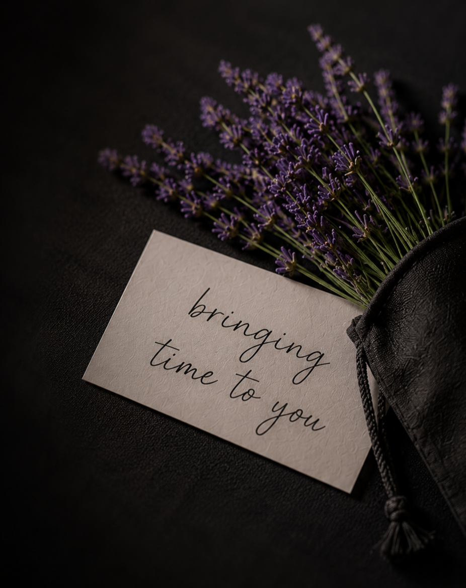 A bunch of purple lavender flowers partially wrapped in black fabric next to a white card with the words "bringing time to you" written in elegant black script on a dark background.