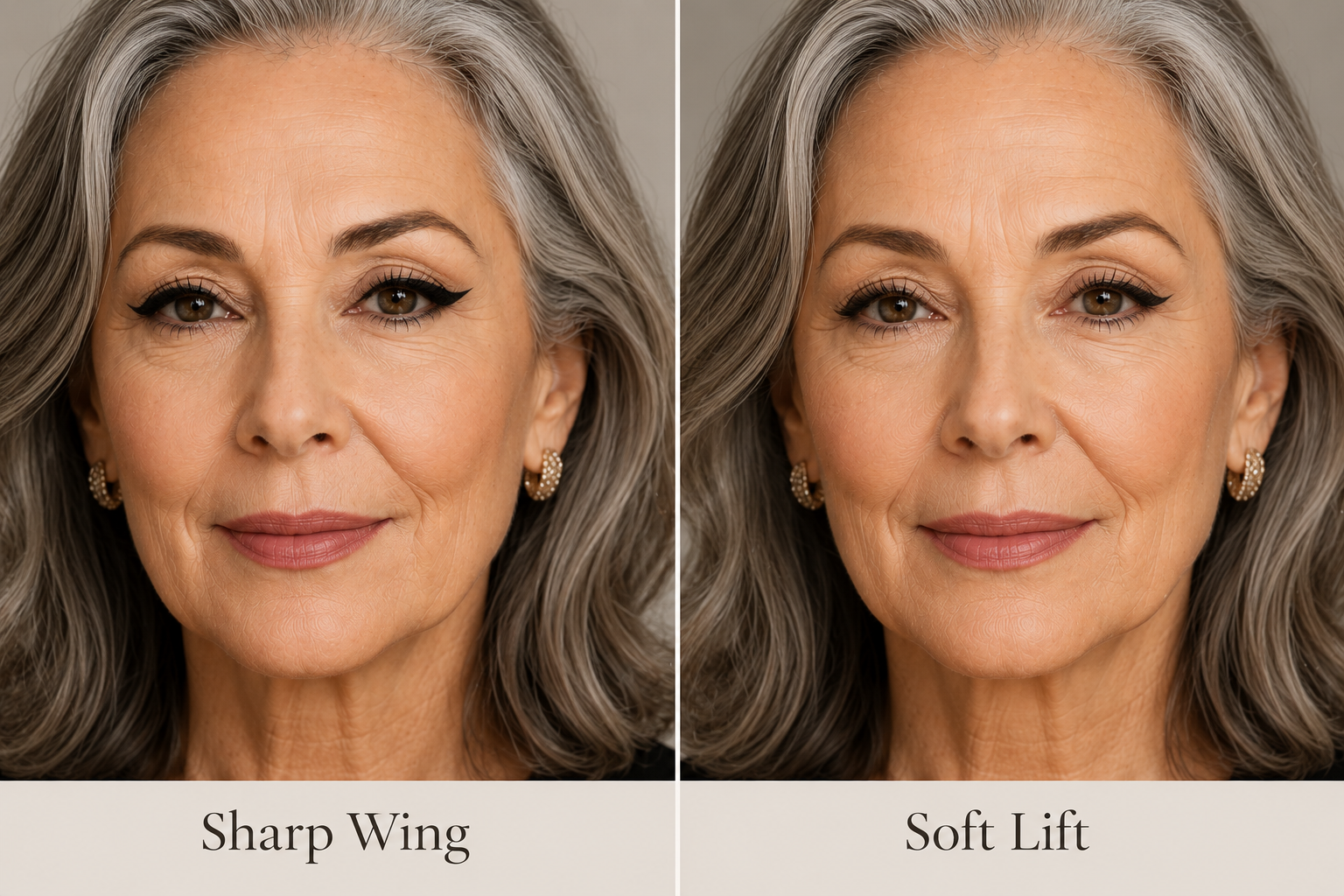 Side-by-side beauty comparison showing a mature woman with a sharp wing eyeliner and a softer lifted flick, illustrating two elegant eyeliner techniques for mature eyes.