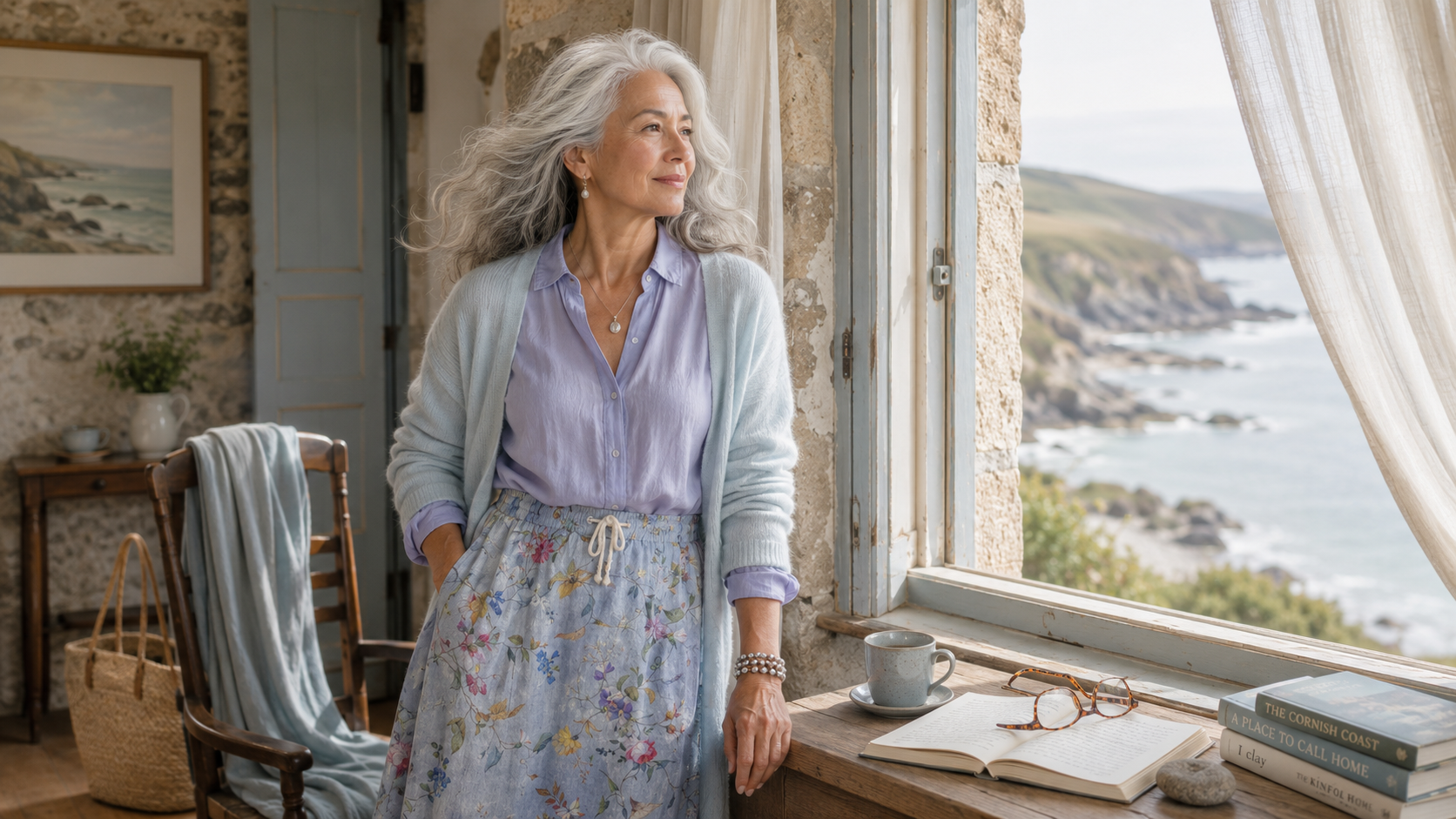 Editorial portrait showing how Light Summer coloring evolves with age, featuring luminous silver hair, soft cool tones, and timeless style in a peaceful Cornish coastal cottage.