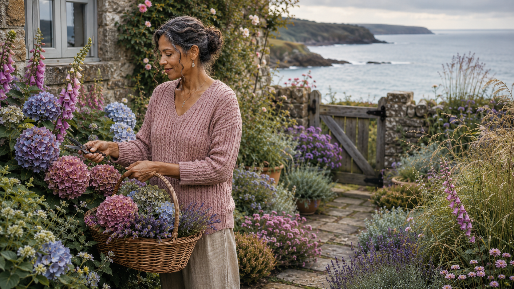 Mature woman gathering flowers in a Cornish cottage garden, illustrating the quiet harmony, muted beauty, and timeless elegance of the Soft Summer seasonal color palette.