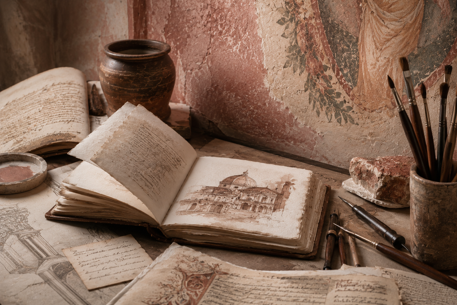 Open sketchbook with Renaissance architectural drawings, parchment pages, antique manuscripts, watercolor brushes, and a faded fresco pink wall in soft natural light.