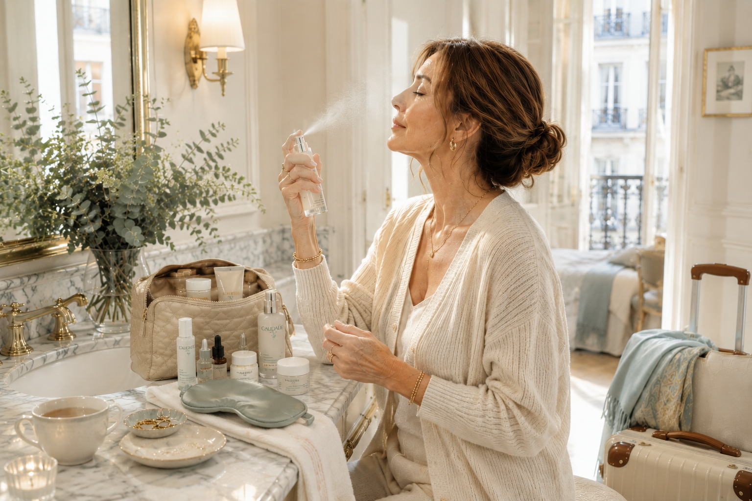 Luminous boutique hotel bathroom scene with woman transitioning out of travel mode through calming skincare rituals and softly layered European interiors.