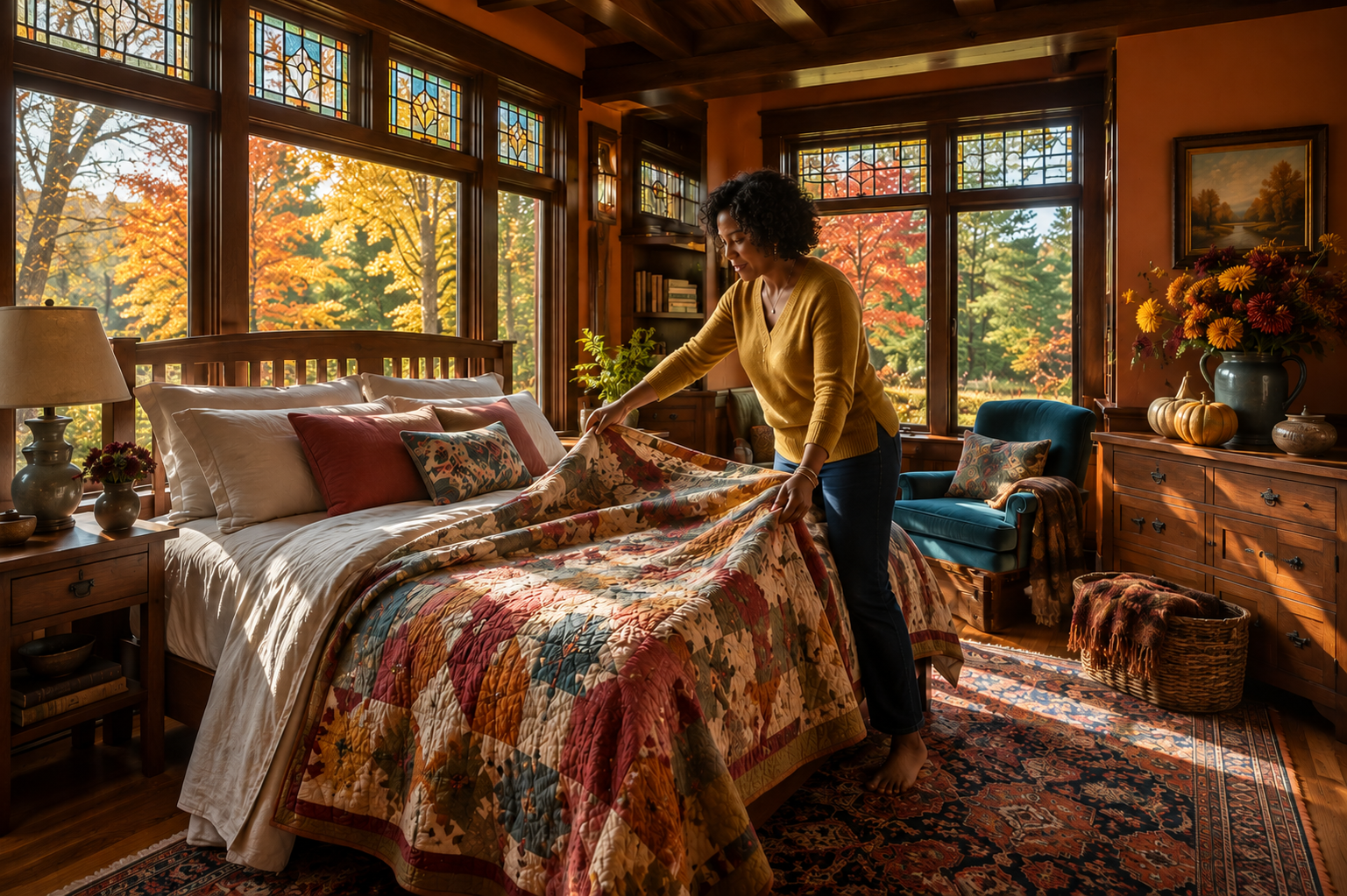 A sunlit Craftsman bedroom layered for autumn with a colorful quilt, wool rug, warm wood, velvet, seasonal flowers and rich October foliage.