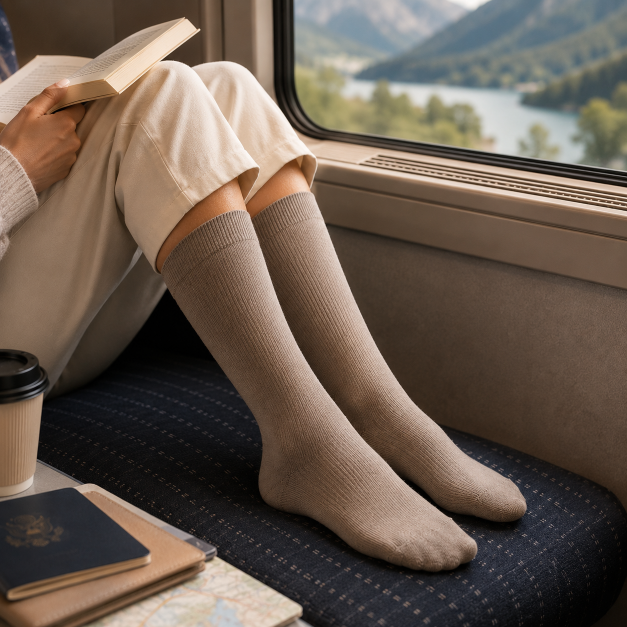Compression travel socks with carry-on essentials for comfortable flights and long travel days.