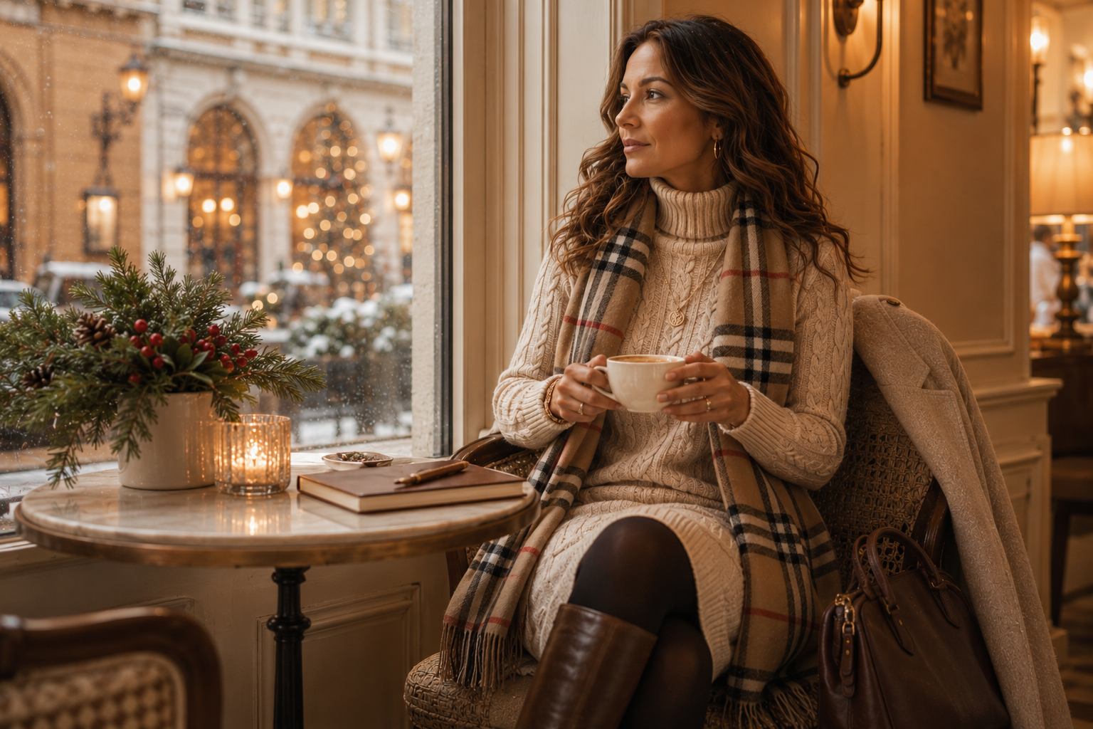 Elegant woman in a cable knit sweater dress and plaid scarf warming up beside a softly fogged cafe window after a European Christmas Market evening, with glowing candlelight and evergreen winter decor.