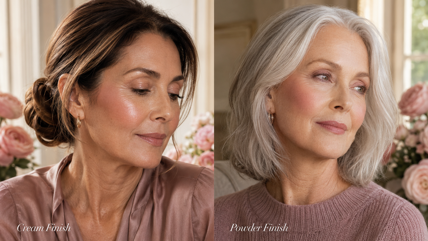 Side-by-side beauty portraits of two women over 50 comparing cream and powder blush finishes, showing luminous and softly diffused skin in an elegant rose-filled sitting room.