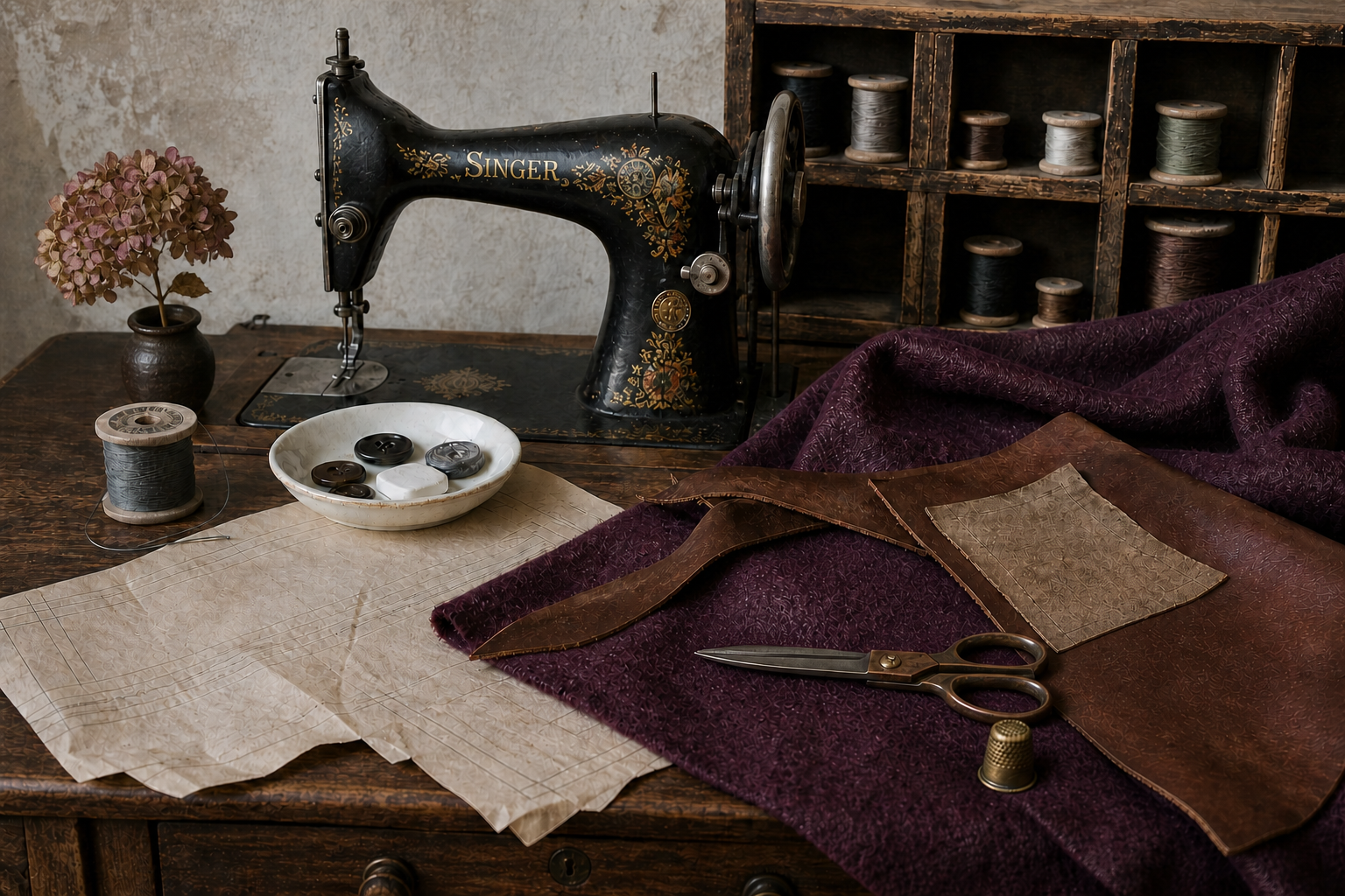 A vintage Singer sewing table layered with plum wool, leather, antique shears, wooden thread spools, sewing patterns, and a faded dried hydrangea.