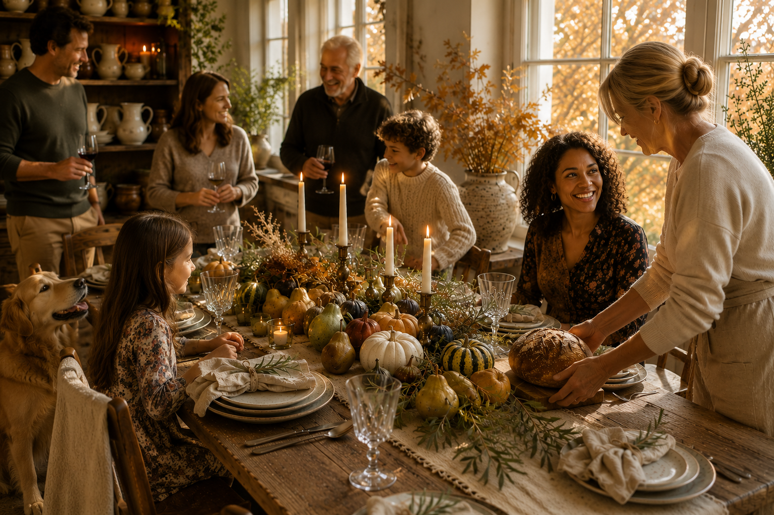 Friends and family gather around a warmly lit harvest table as the host welcomes guests with fresh bread, celebrating autumn hospitality, seasonal beauty, meaningful connection, and timeless entertaining.