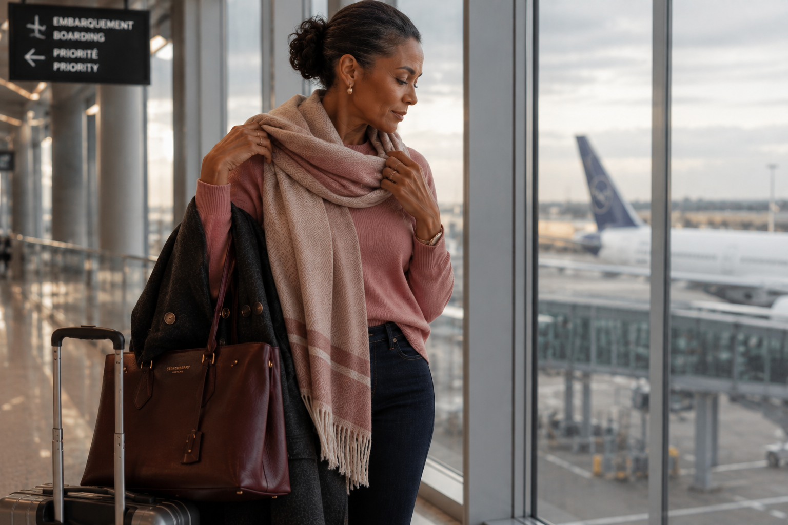 Elegant woman in a clay rose sweater and dark indigo jeans adjusts a patterned cashmere wrap in a bright European airport terminal with a rosewood handbag, charcoal peacoat, and refined carry-on luggage.
