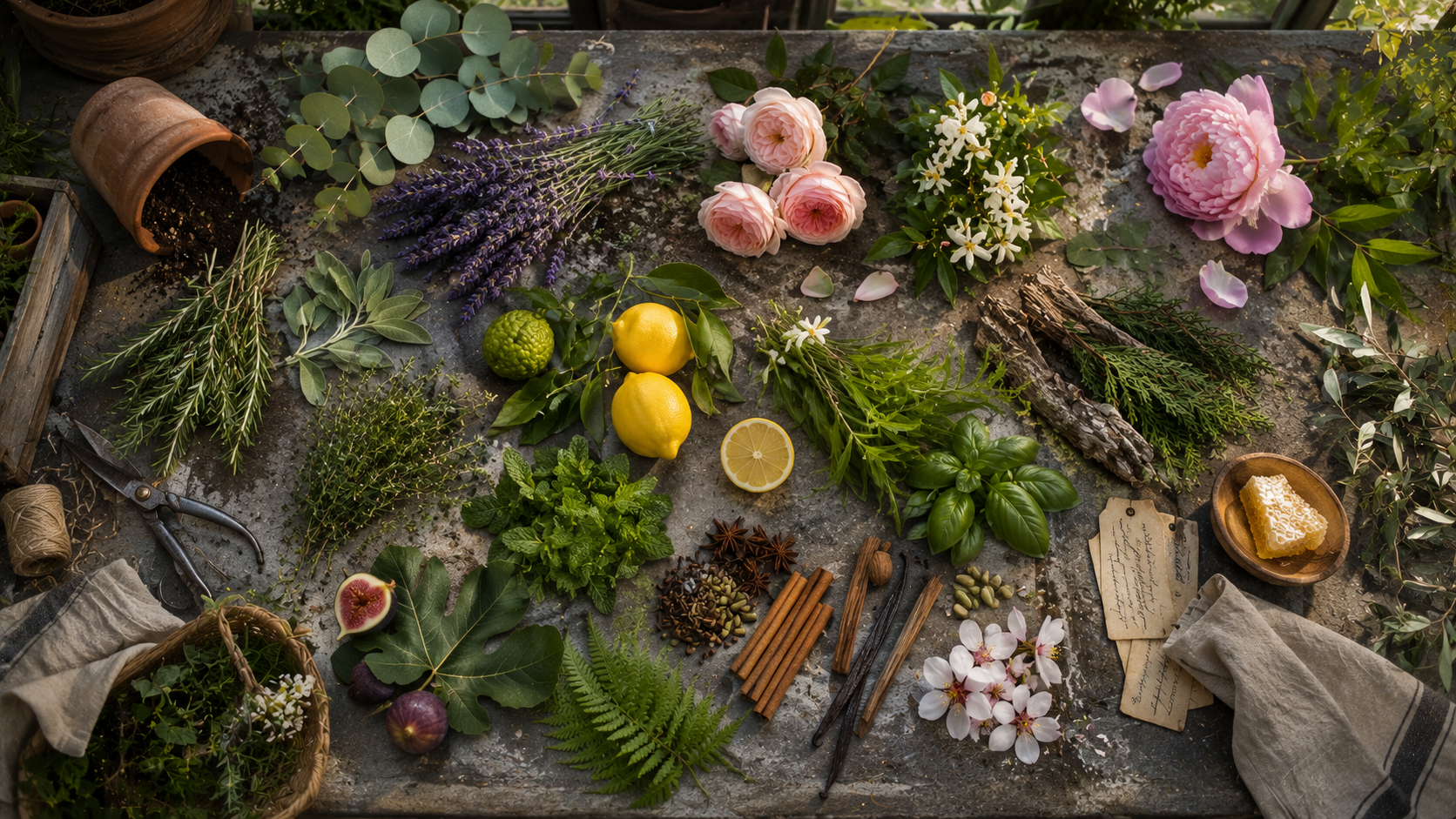 Fresh herbs, citrus, florals, woods, and spices gathered on a weathered potting table illustrate the natural fragrance families that inspire warm, welcoming, and beautifully layered homes.