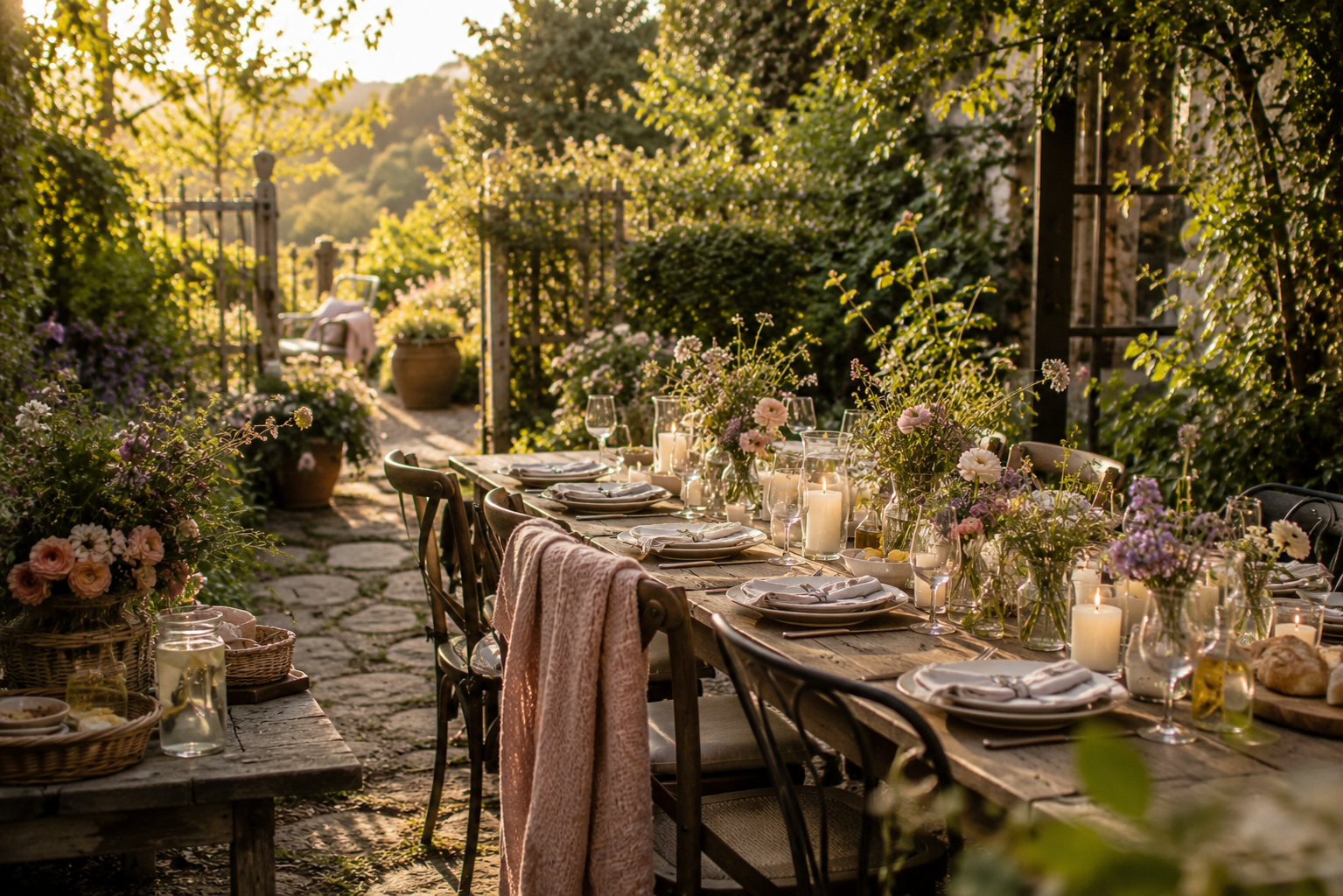 Long outdoor dining table prepared for a summer garden gathering, surrounded by flowers and golden afternoon light. An open garden gate and draped cardigan create a welcoming atmosphere before guests arrive.