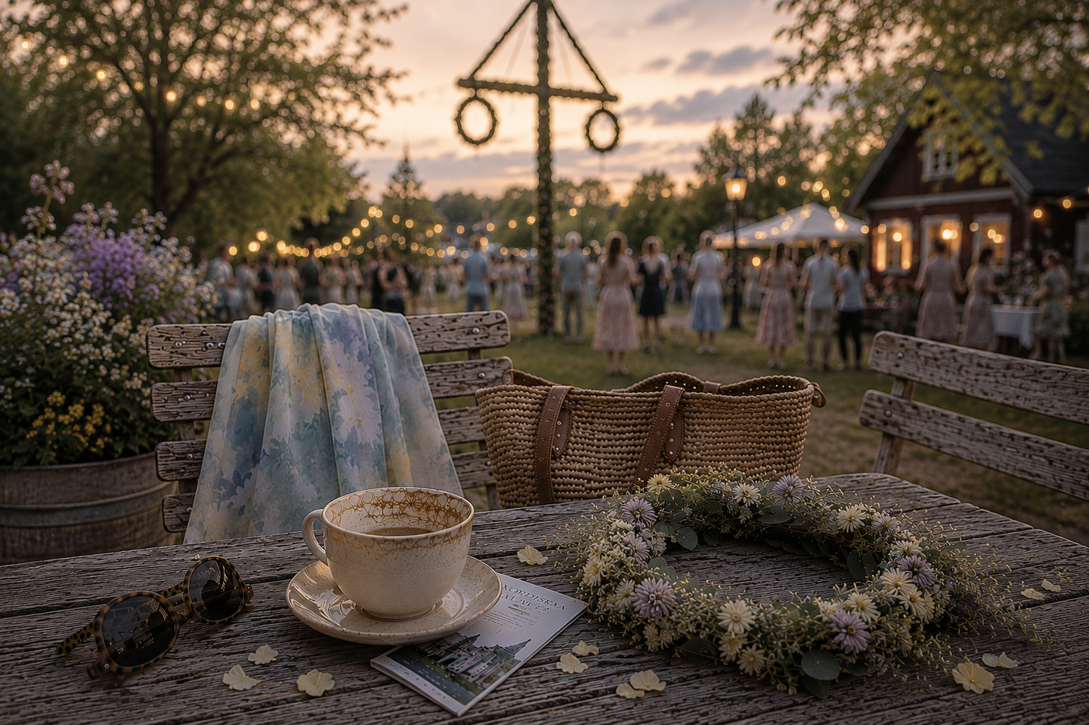 Weathered café table with a Light Summer scarf, flower crown, market bag, cappuccino and sunglasses overlooking a softly blurred Scandinavian Midsummer celebration beneath a maypole at twilight.