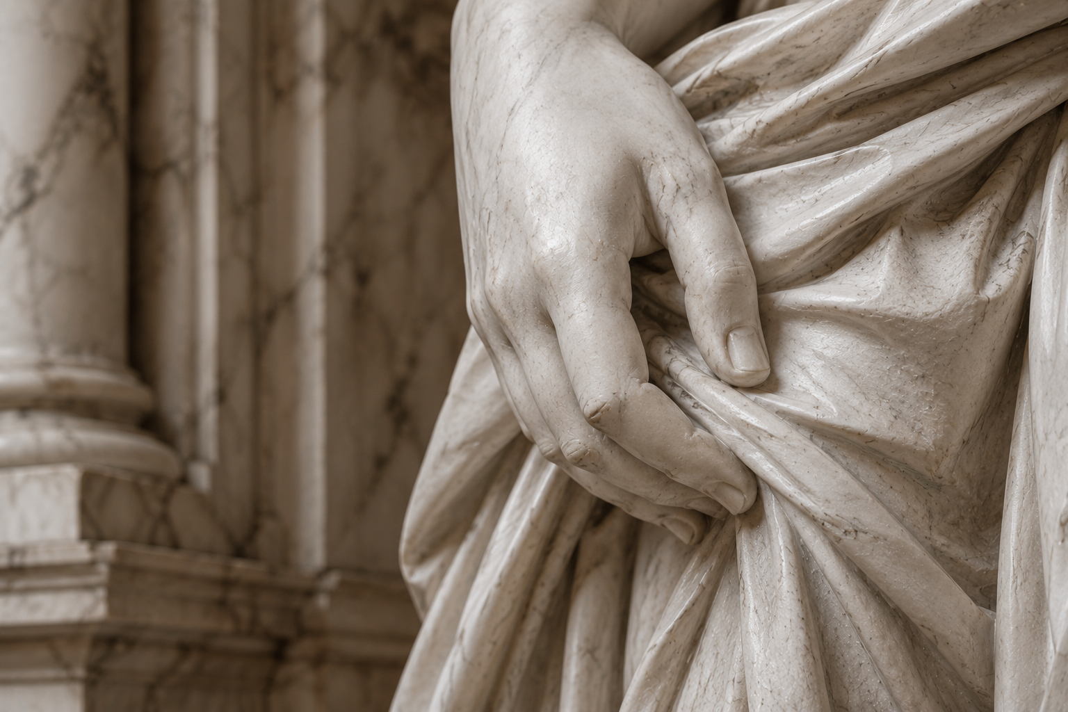 Close-up of a marble sculpture detail with softly carved drapery, visible stone texture, and elegant architectural marble surfaces illuminated by gentle natural light.