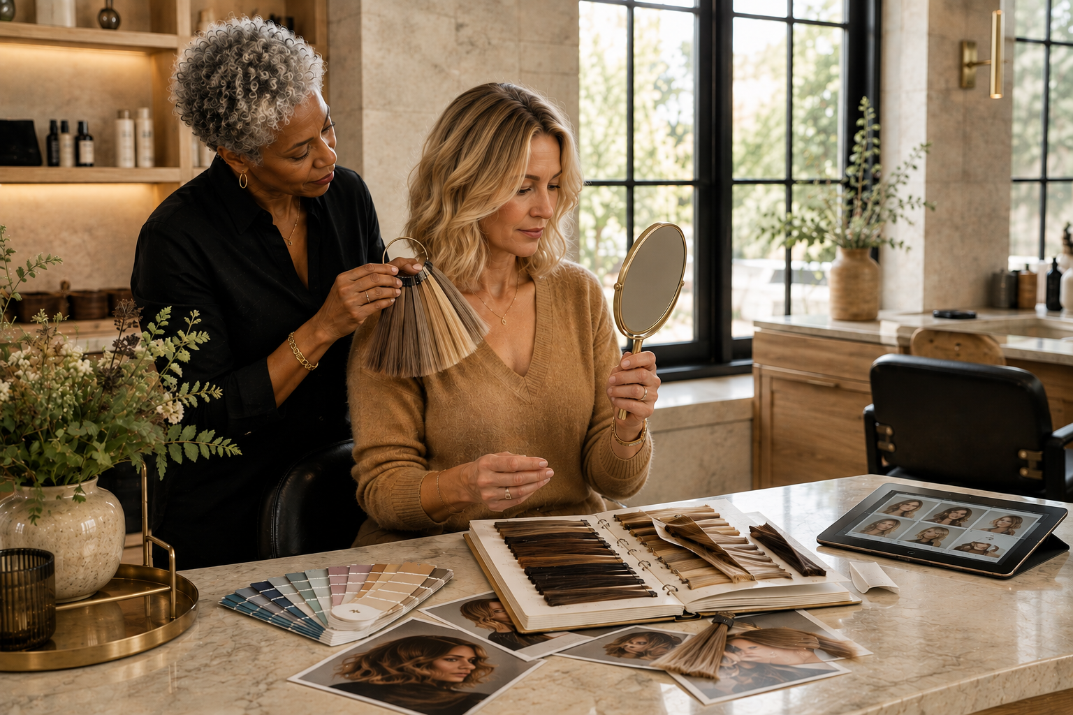 Luxury salon consultation showing Seasonal Color Analysis in action as a mature woman compares hair color options with an experienced stylist using professional salon swatches and personalized color guidance.