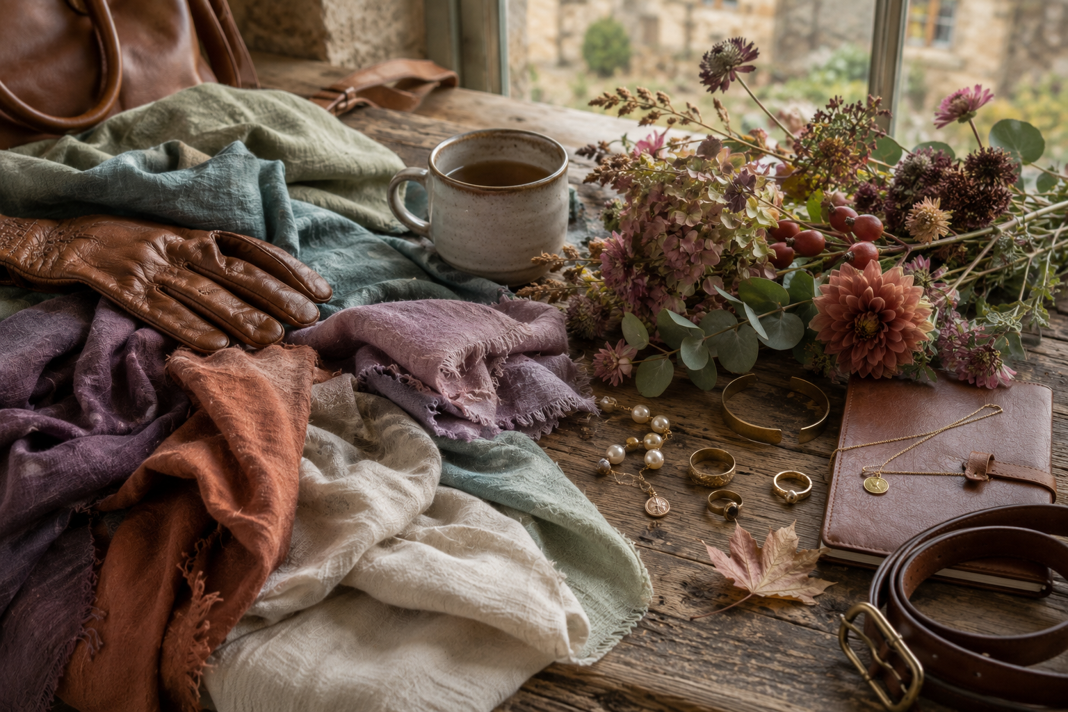 Soft Autumn color palette inspired by the Cotswolds, with muted plum, sage, teal, terracotta, ivory and cognac in a warm late-September editorial still life.