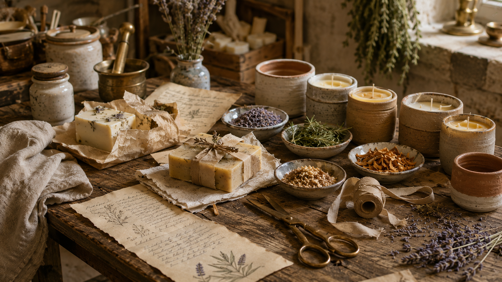 Luxury editorial still life of handcrafted home fragrance products in a Provençal artisan atelier, featuring botanical soaps, beeswax candles, dried herbs, handmade ceramics, and natural craftsmanship.