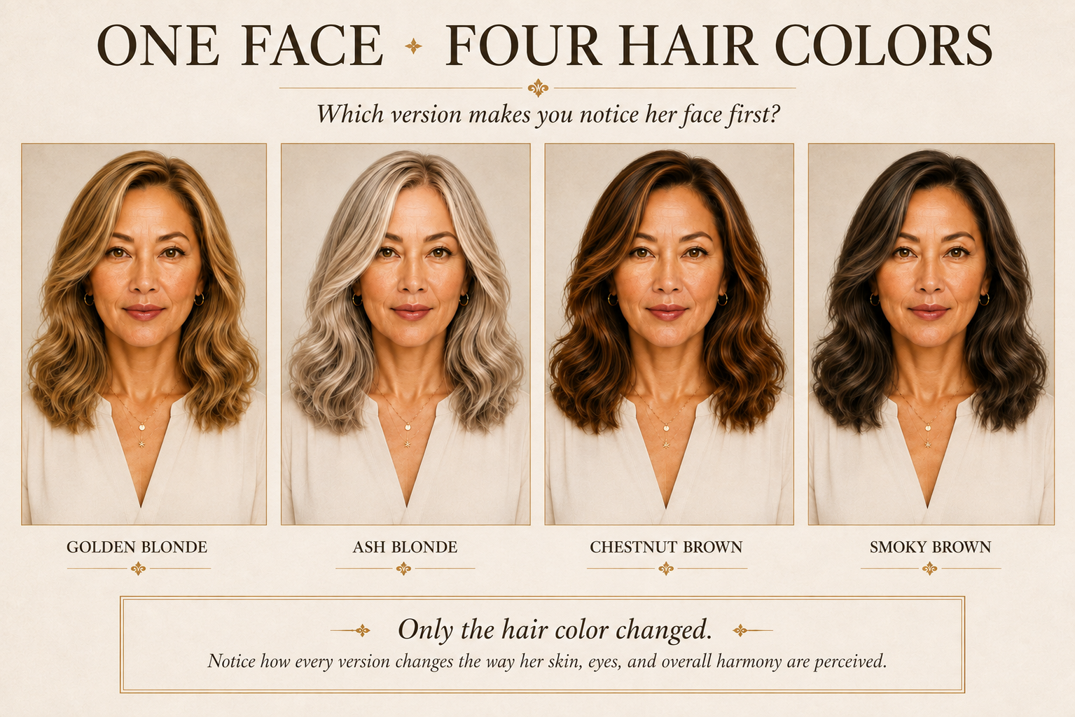 Compare four hair colors on the same woman to see how Seasonal Color Analysis influences facial harmony, complexion, and overall balance when choosing the most flattering hair color.