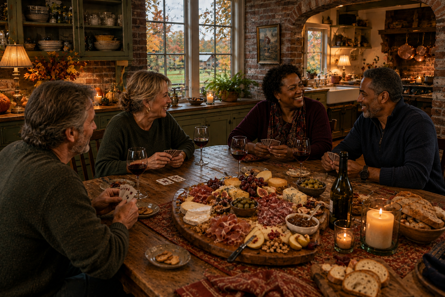 Two couples play cards over wine and an autumn charcuterie board in a cozy brick farmhouse kitchen filled with warm light, seasonal color, and fall charm.