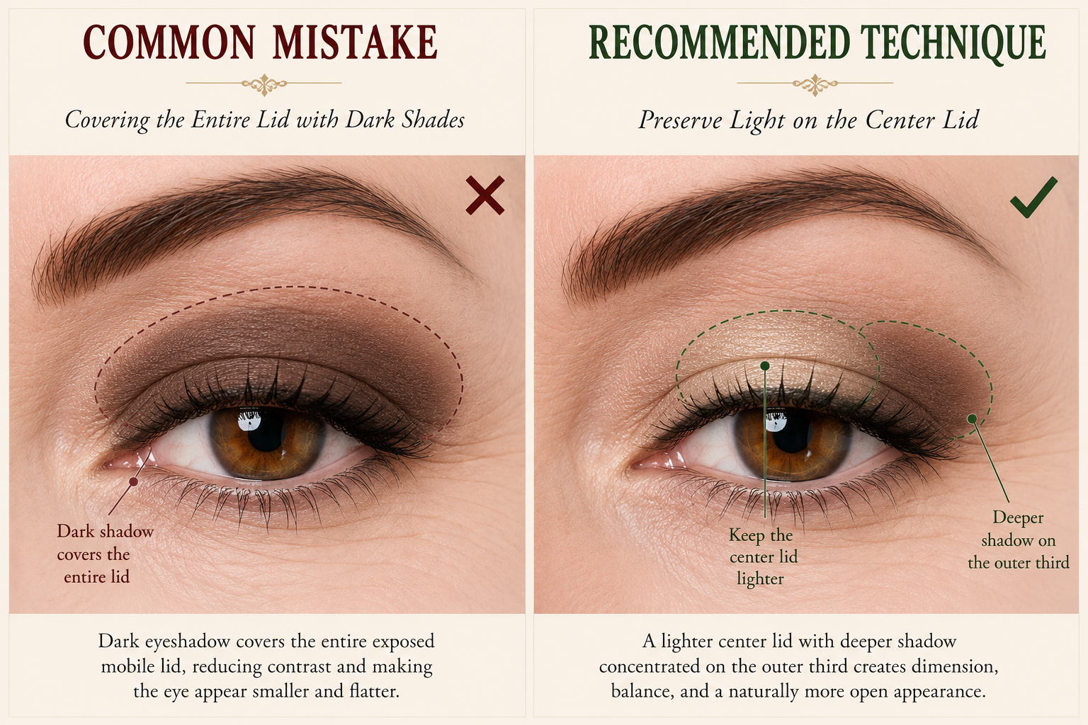 Side-by-side guide for hooded eyes showing why covering the entire lid with dark eyeshadow can flatten the eye, and how preserving a lighter center lid creates more dimension and balance.