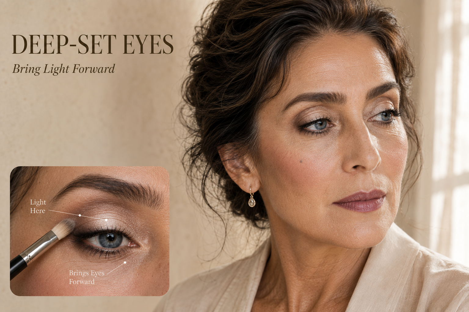 Luxury beauty tutorial for mature deep-set eyes demonstrating center-lid highlighting to bring the eyes forward while preserving soft definition, depth, and naturally elegant dimension.