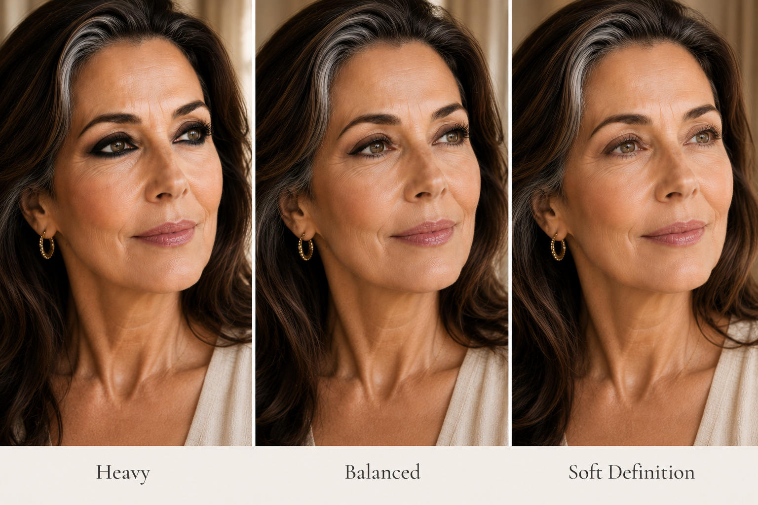 Three-panel beauty comparison showing a mature woman with heavy eyeliner, balanced eyeliner, and soft definition, illustrating how lighter application can create a more open, refined appearance.