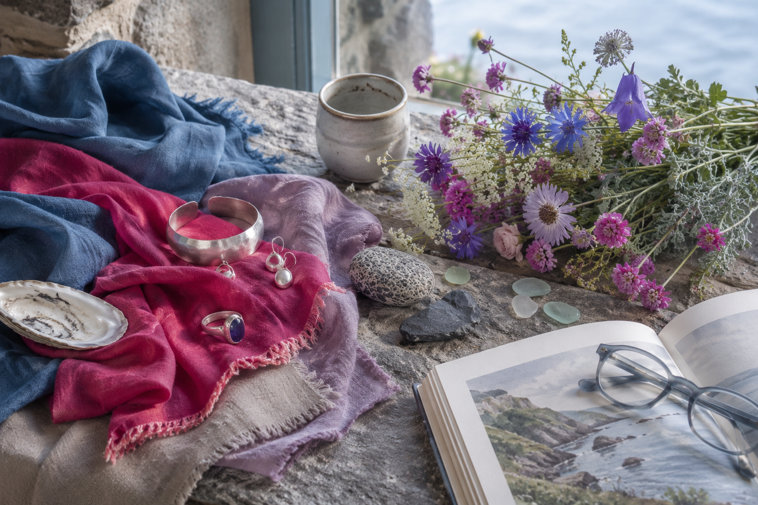 A Brittany-inspired True Summer still life pairs raspberry, denim blue, violet and cool taupe with silver jewelry and coastal details to capture the season’s cool, balanced palette.