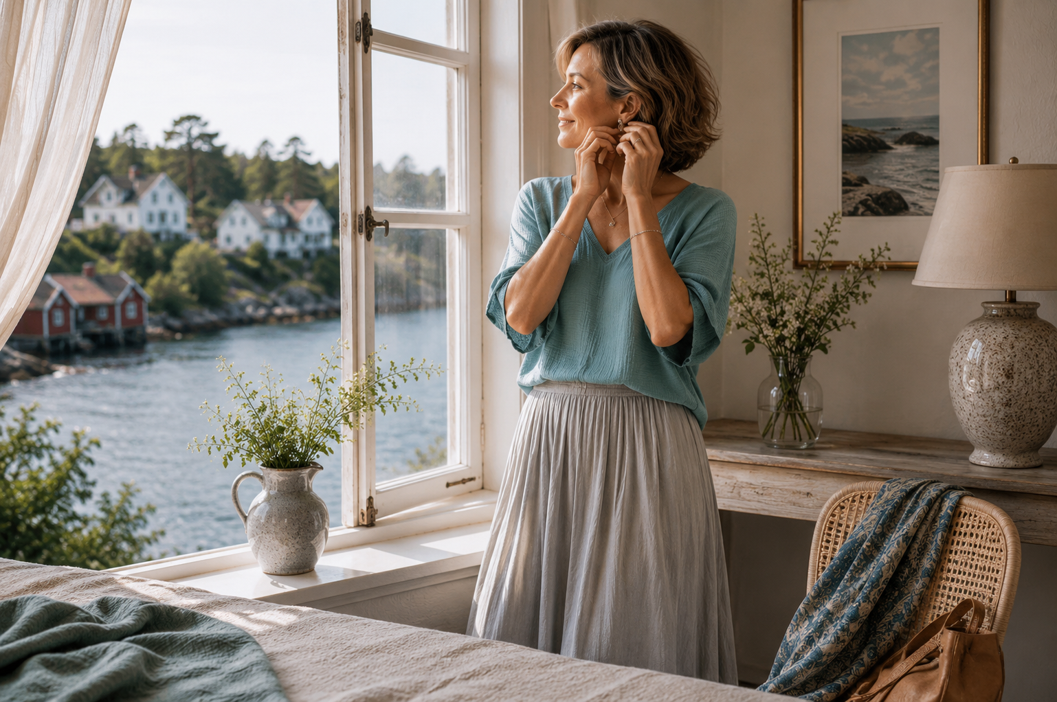 Woman in a dusty teal blouse and dove gray skirt fastens an earring while looking out an open window in a Scandinavian boutique hotel, bathed in soft morning light overlooking a peaceful coastal harbor.