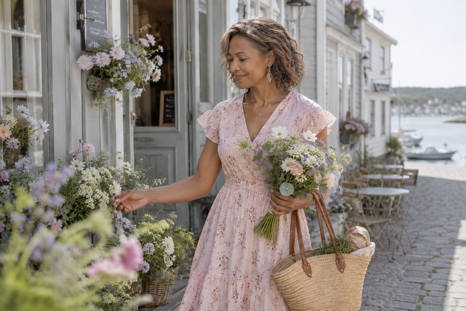 Mixed-race woman in a soft blush floral cotton sundress with flutter sleeves gathering flowers outside a Scandinavian harbor café, showcasing effortless Light Summer style and quiet elegance.