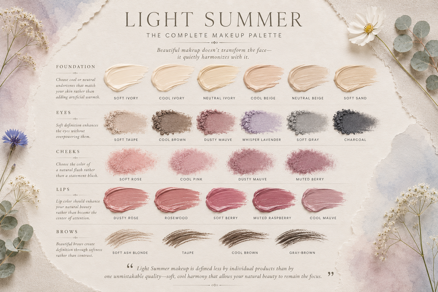Luxury editorial guide to the Light Summer makeup palette featuring harmonious foundation, eye, blush, lip, and brow shades for naturally soft, cool, luminous beauty.