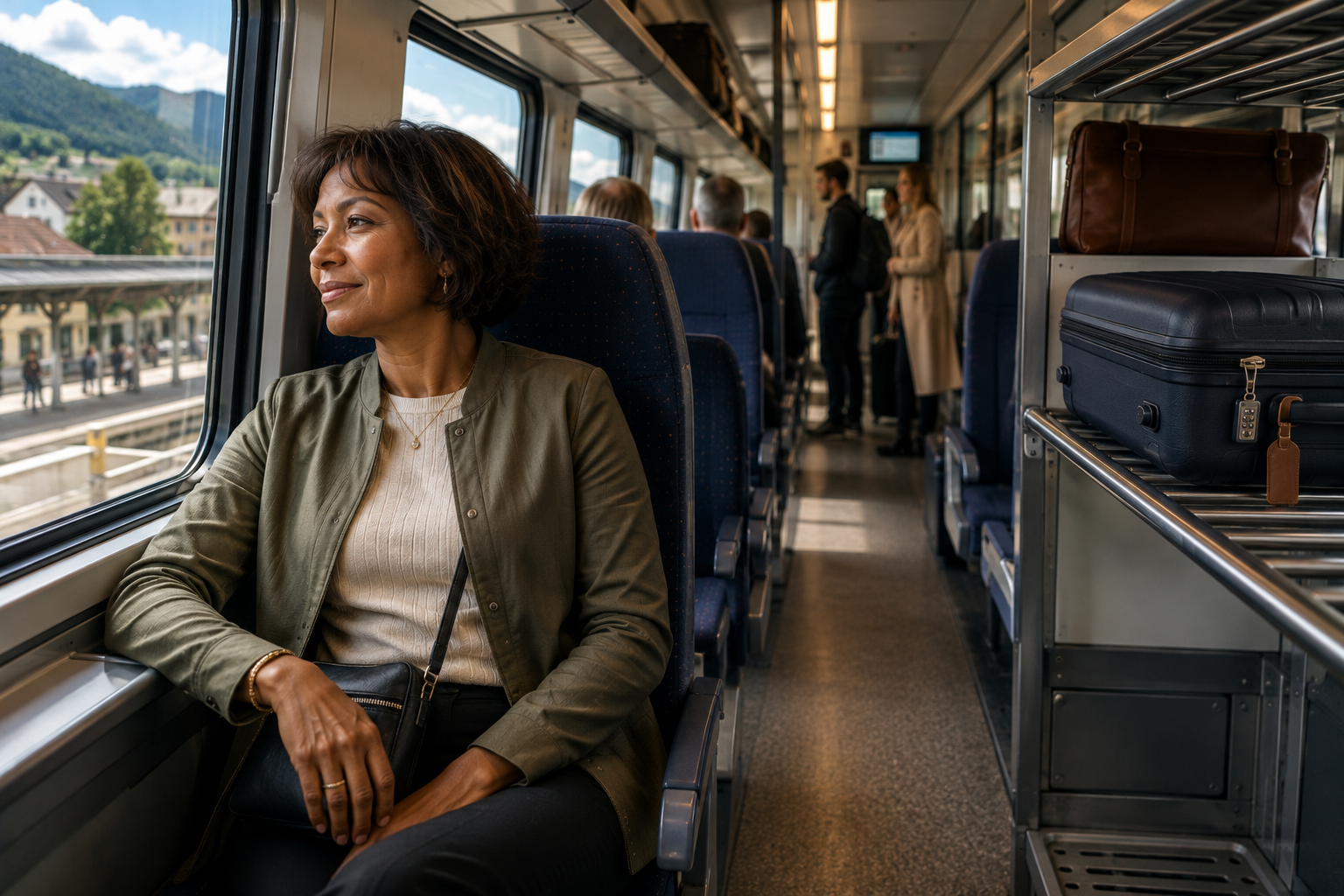 A woman travels by European train with her carry-on secured on a luggage rack away from her seat, showing a practical way to keep luggage and valuables safer in transit.