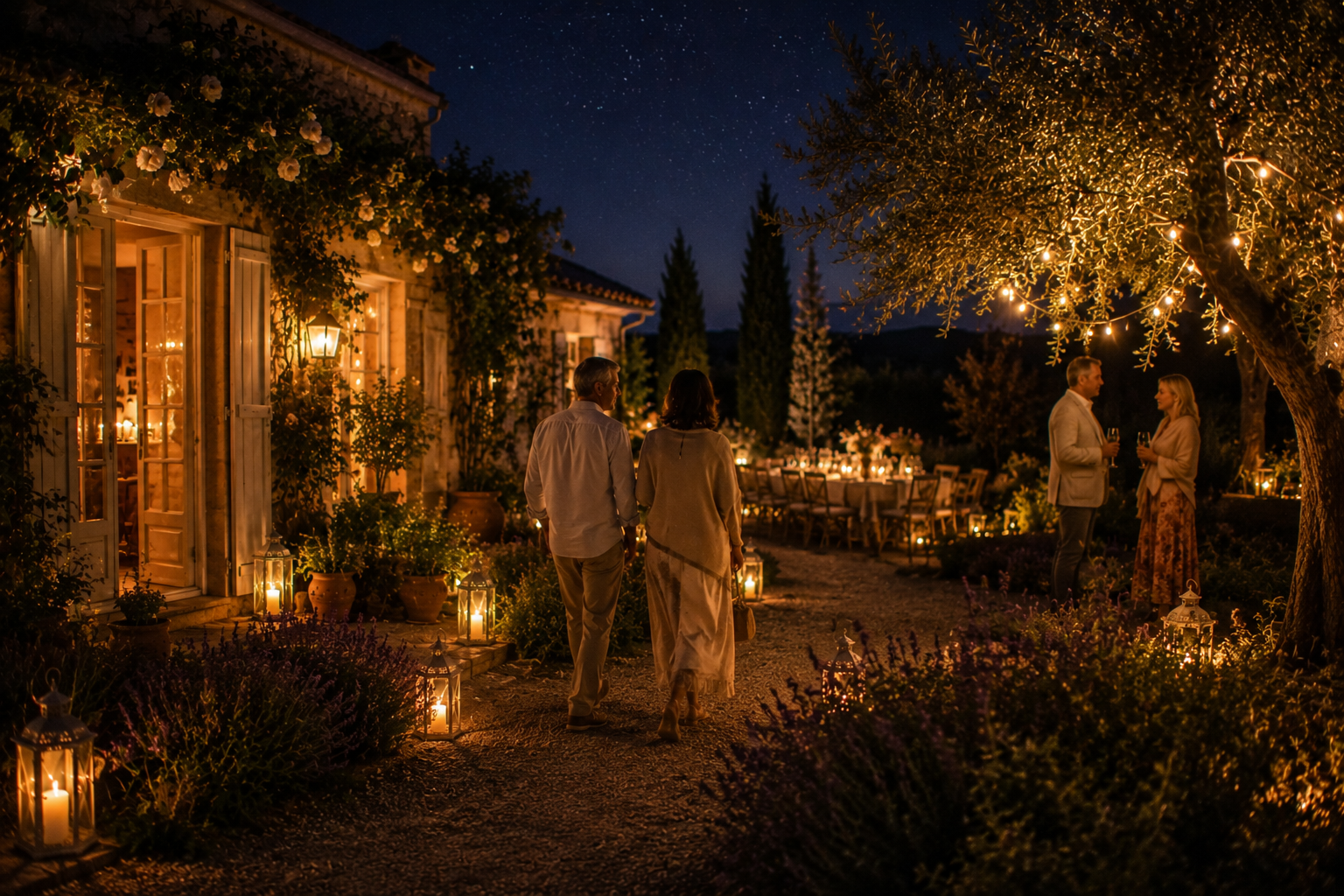 Guests stroll slowly along a lantern-lit garden path after a summer gathering while a few friends linger in quiet conversation beneath string lights and a star-filled night sky.