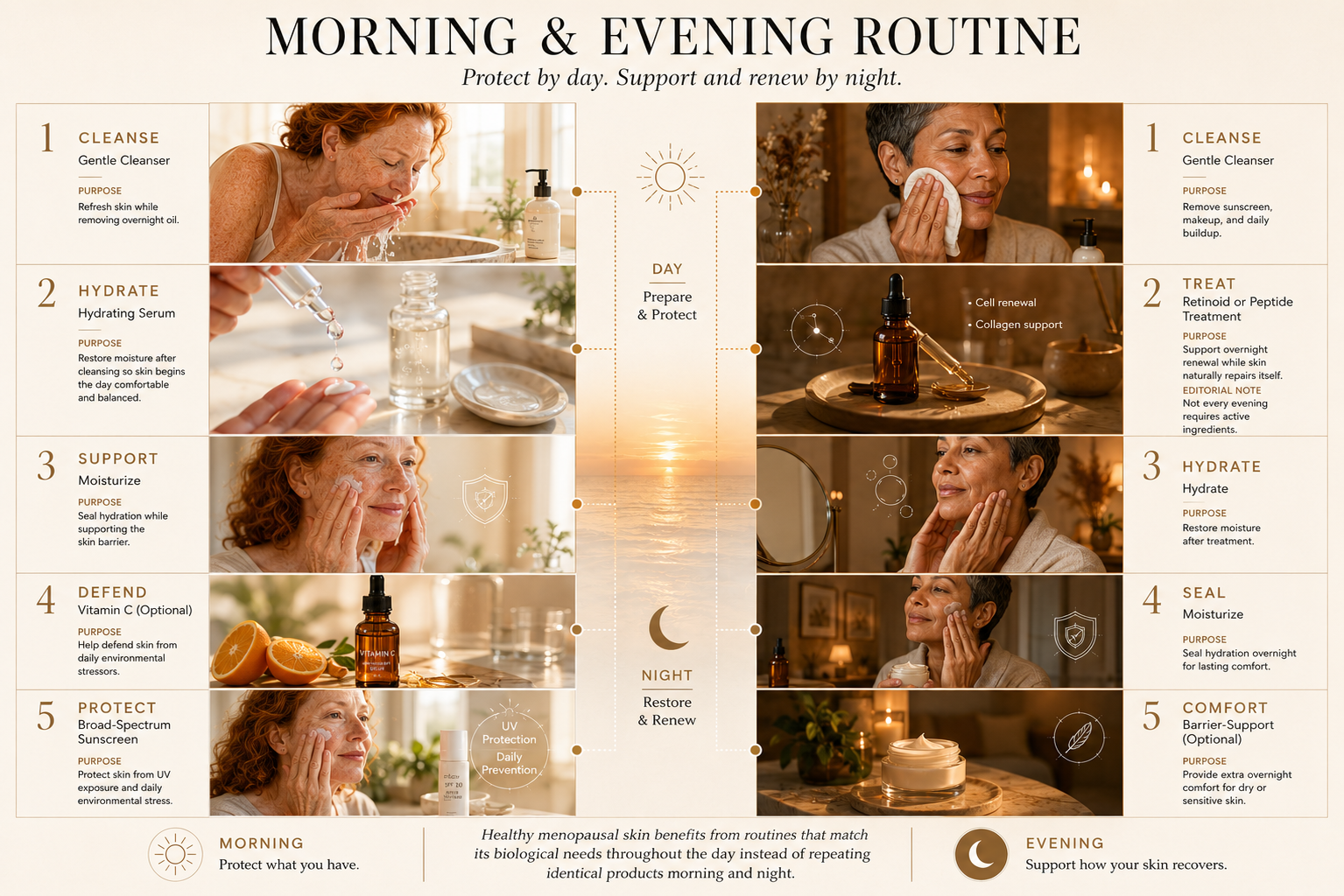 Morning vs. evening menopausal skincare routine guide explaining cleansing, hydration, barrier support, treatment, and sunscreen to help protect skin by day and support overnight renewal.
